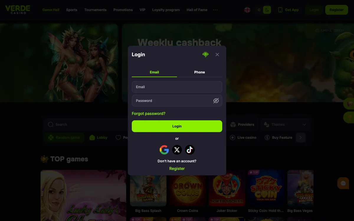 Verde Casino — «Регистрация», снято из страны Новая Зеландия