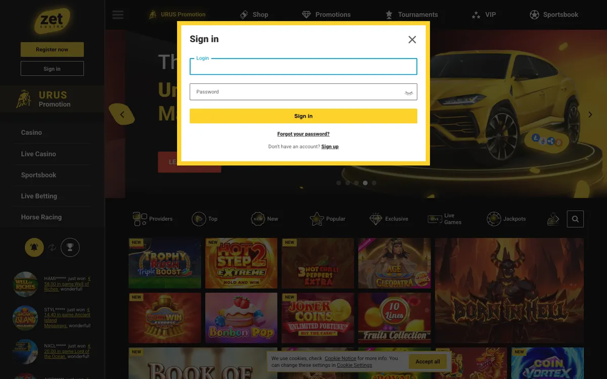 Zet Casino — Sign-up, captured from Canada