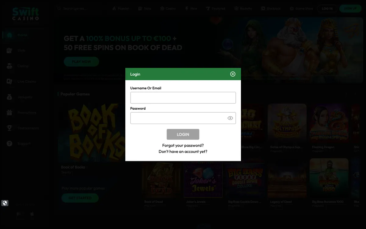 Swift Casino — Sign-up, captured from Finland