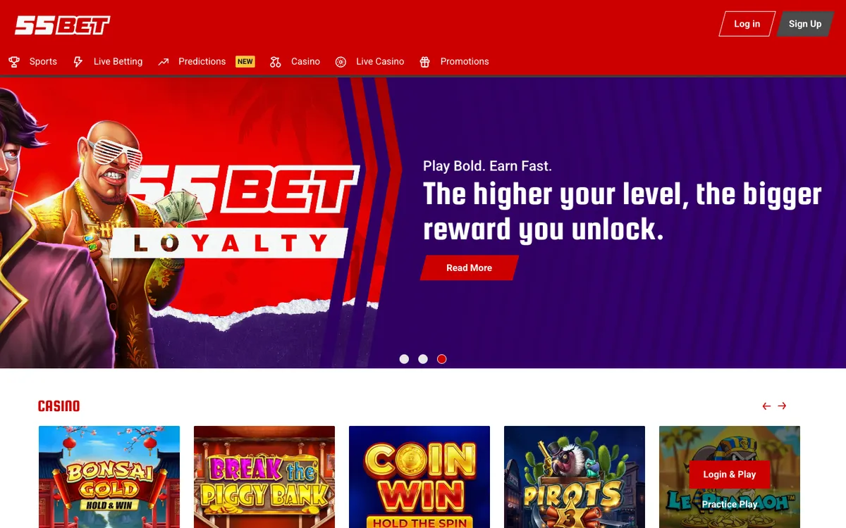 55BET Casino — Home page, captured from Austria