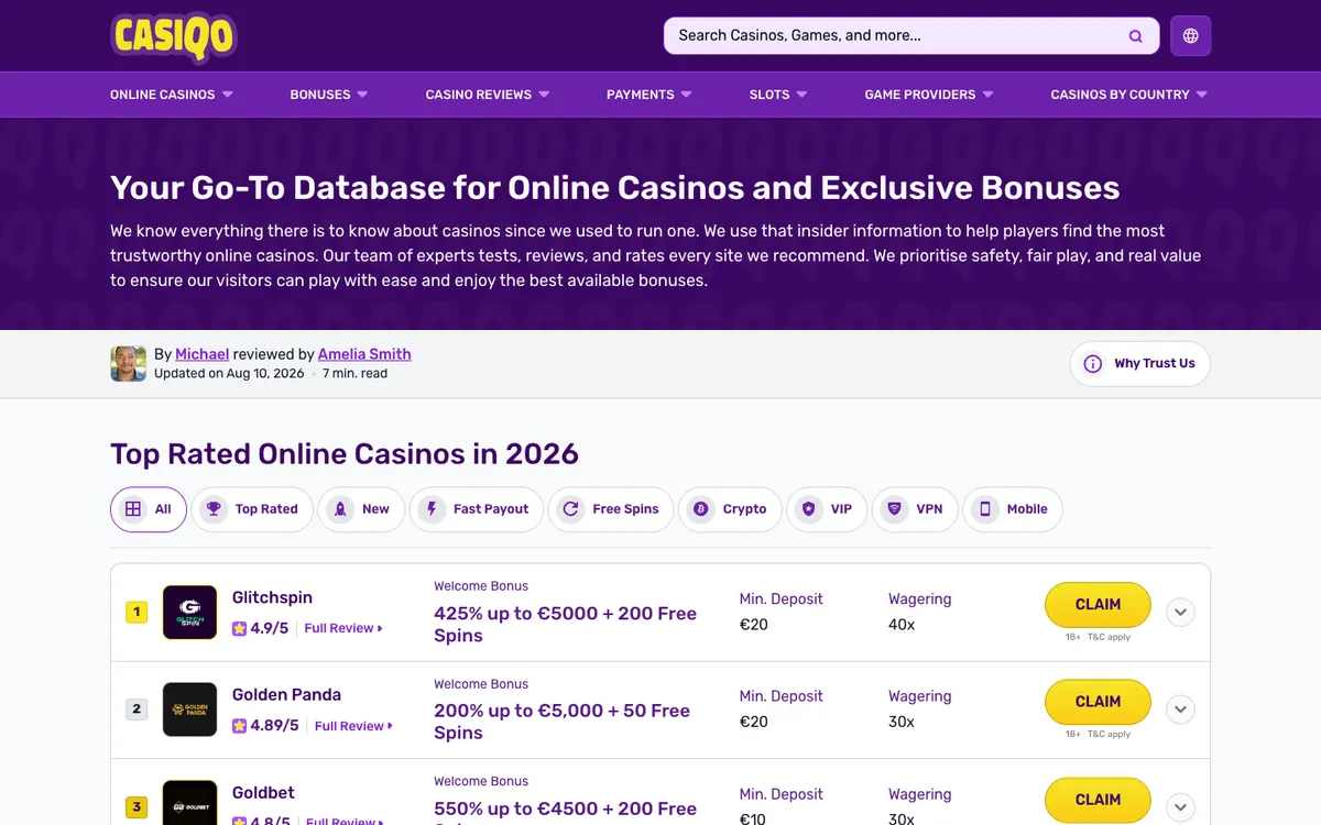 Casiqo Casino — Home page, captured from Poland