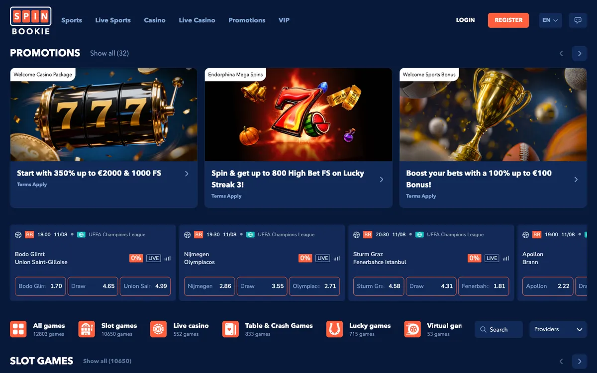 Spinbookie Casino — Home page, captured from Portugal