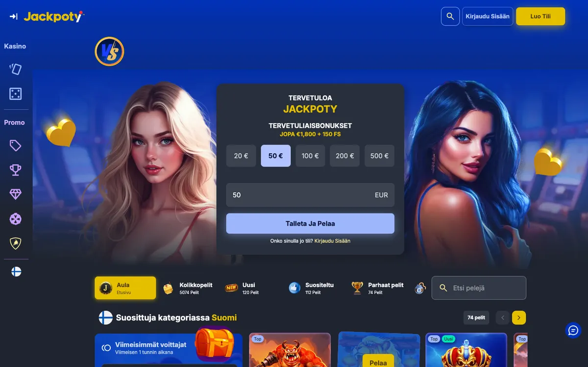 Jackpoty Casino — Home page, captured from Finland