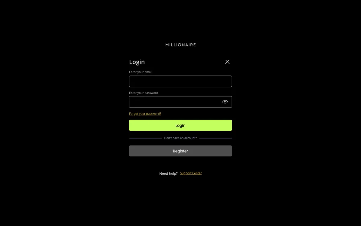Millionaire Casino — Sign-up, captured from United Kingdom