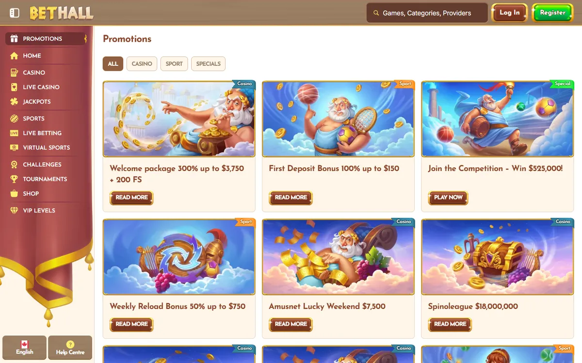BetHall Casino — Promotions, captured from Canada