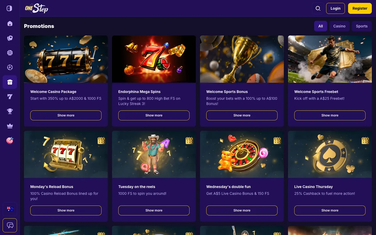 Onestep Casino — Promotions, captured from Australia
