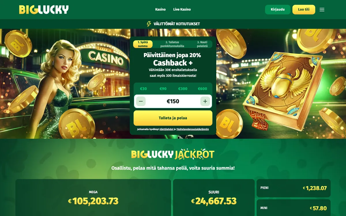 Big Lucky Casino — Home page, captured from Finland