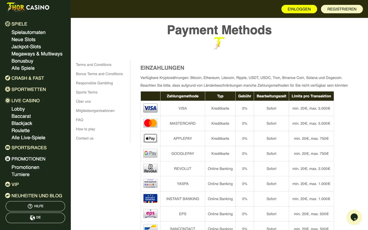 Thorcasino — Payments, captured from Austria
