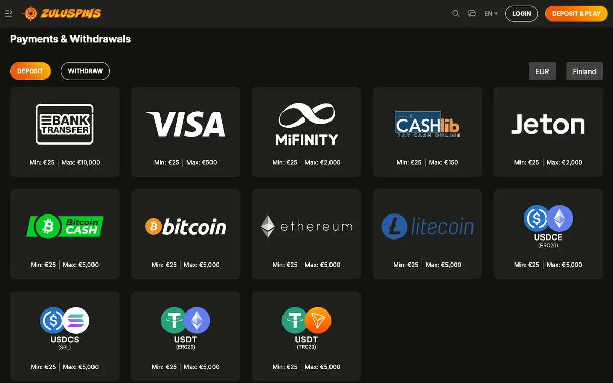 ZuluSpins Casino — Payments, captured from Finland