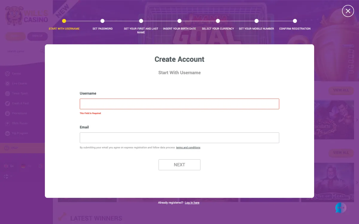 Will's Casino — Sign-up, captured from Germany