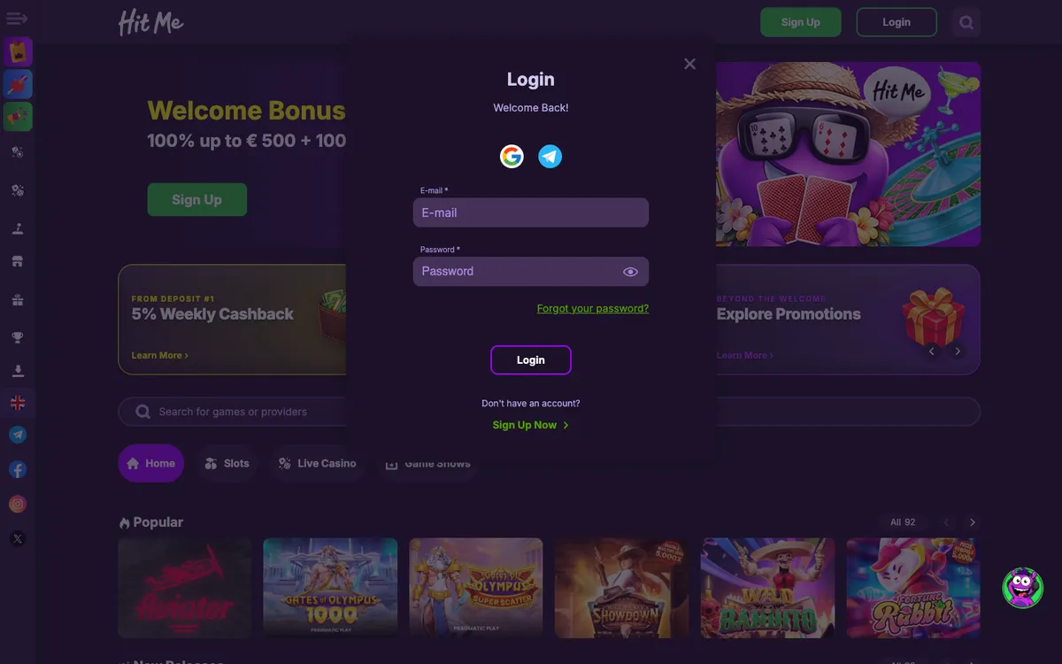Hit Me Casino — Sign-up, captured from Nigeria