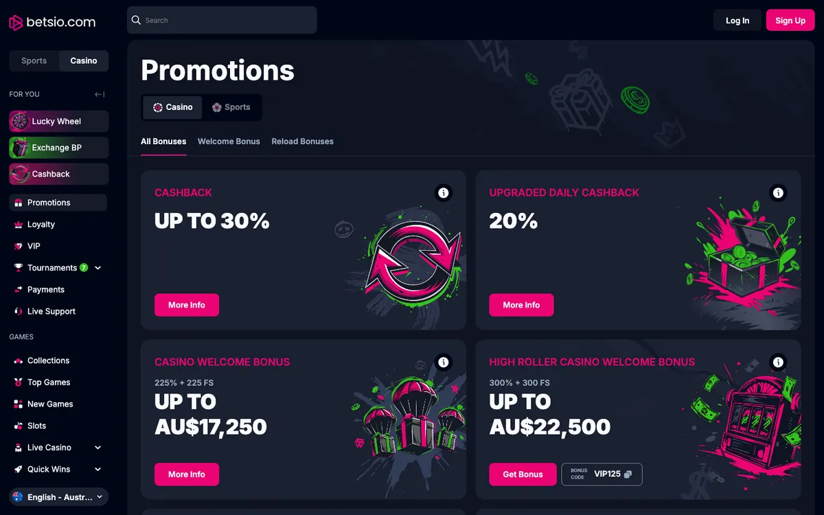 Betsio Casino — Promotions, captured from Australia
