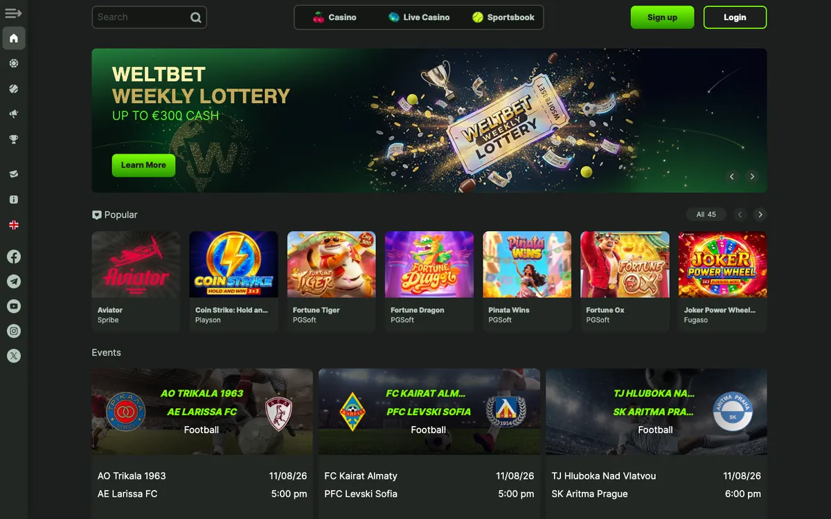 WeltBet Casino — Home page, captured from Portugal