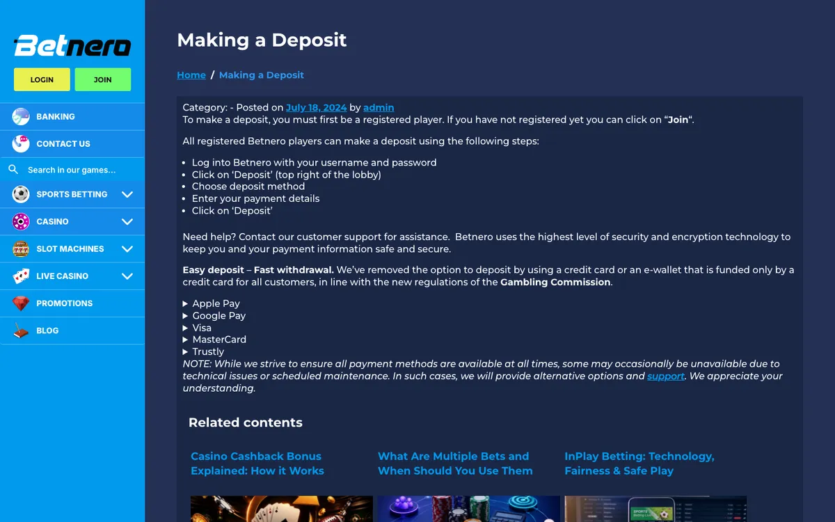 Betnero Casino UK — Payments, captured from United Kingdom