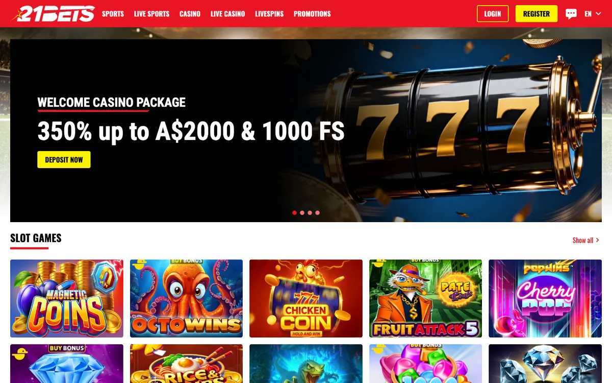 21bets.io Casino — Home page, captured from Australia