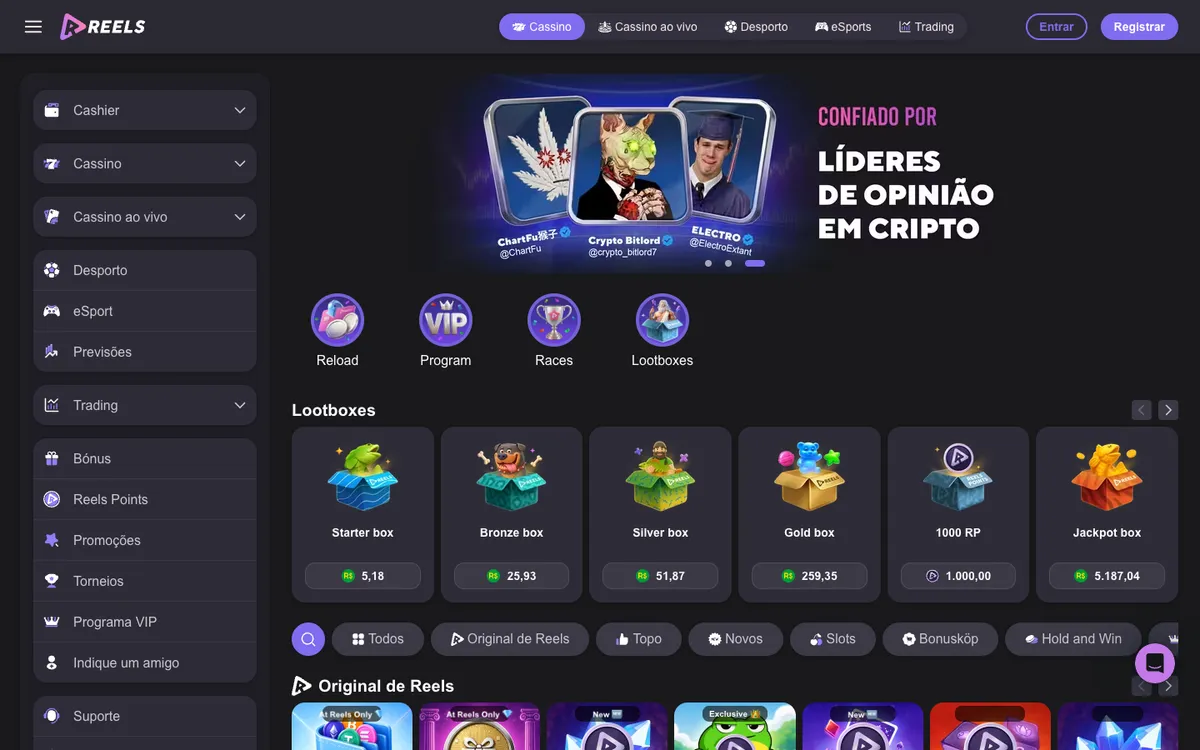 Reels Casino — Home page, captured from Brazil