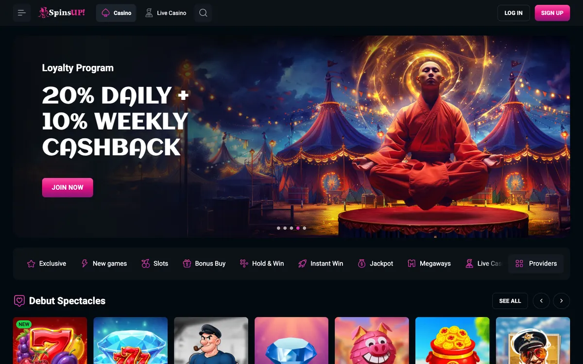 SpinsUP Casino — Home page, captured from South Africa