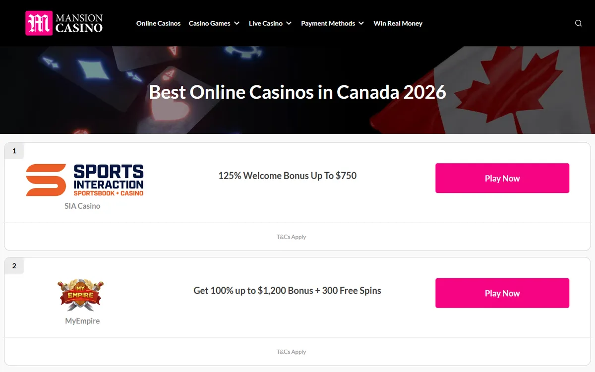 Mansion Casino — Home page, captured from Canada