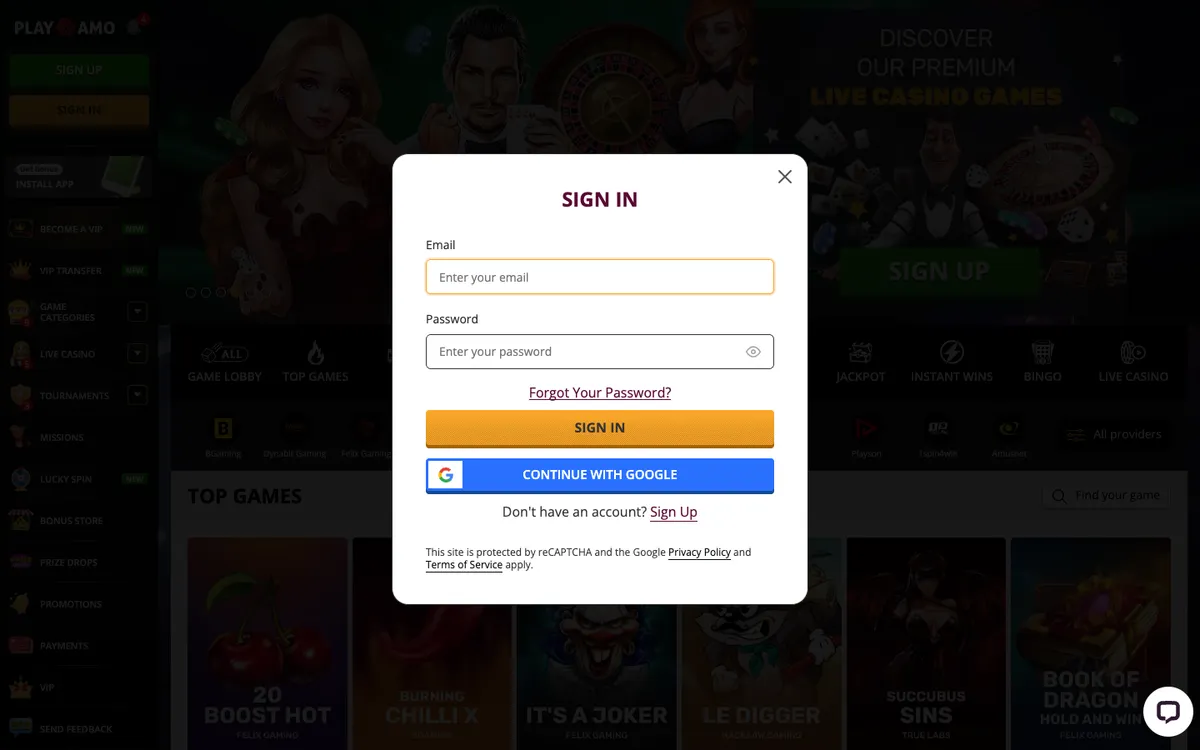 Playamo Casino — Sign-up, captured from South Africa