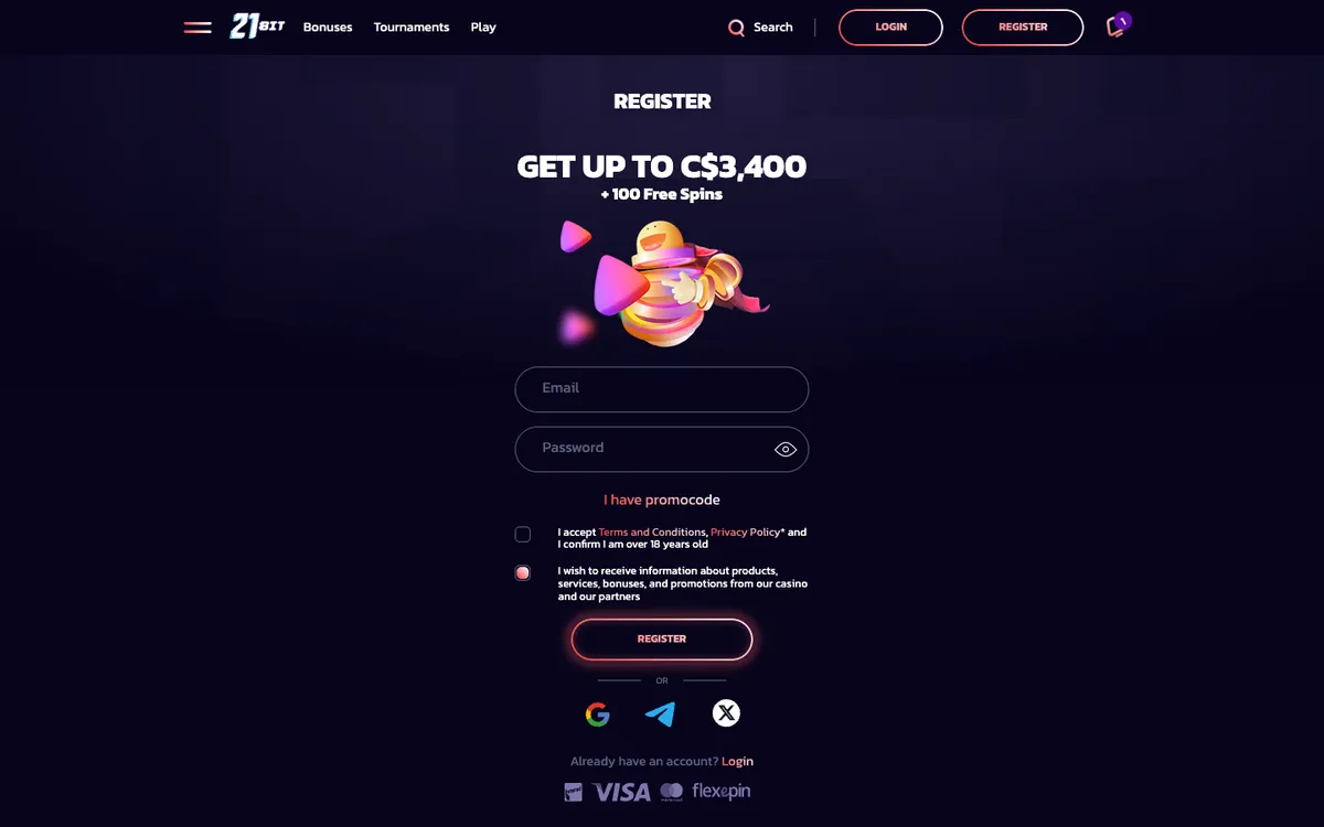 21bit Casino — Sign-up, captured from Canada