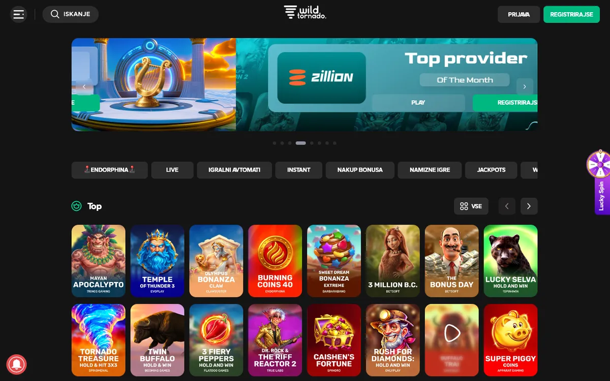 Wild Tornado Casino — Home page, captured from Slovenia