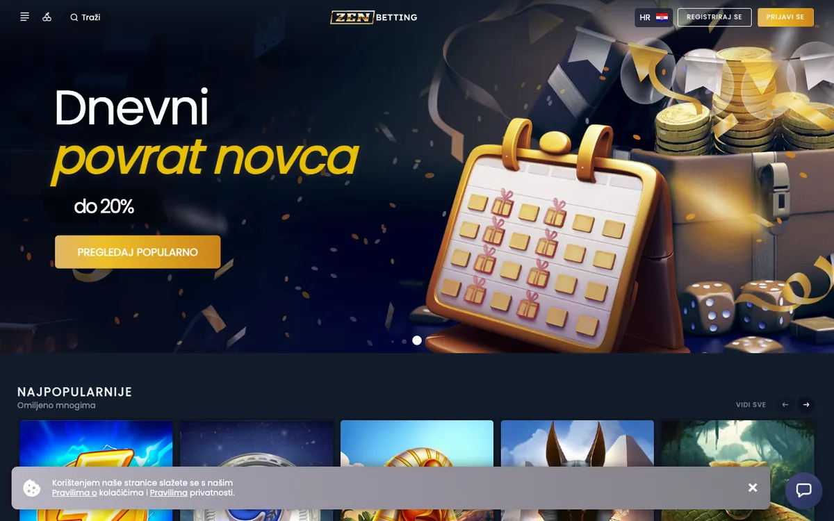 ZenBetting Casino — Home page, captured from Croatia