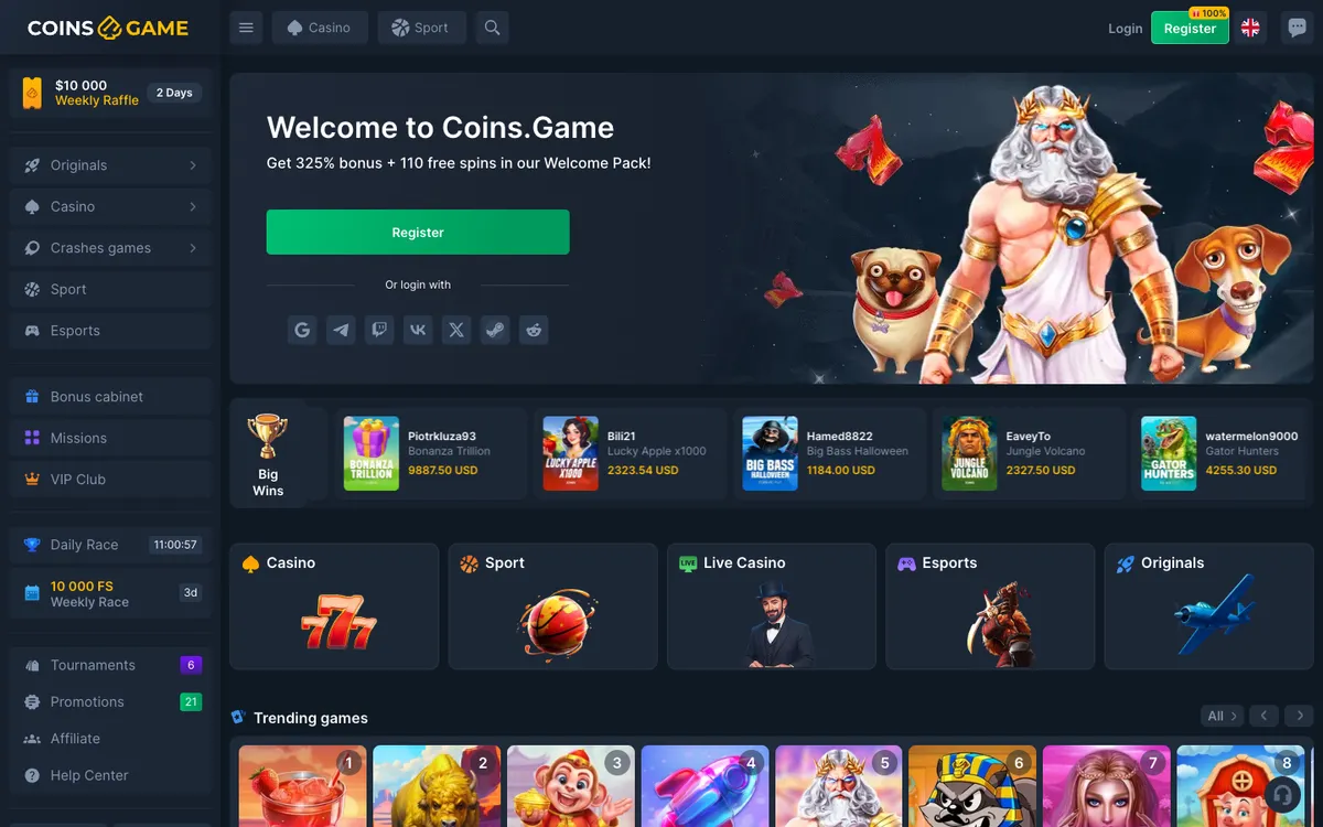 Coins Game Casino — Home page, captured from Malaysia
