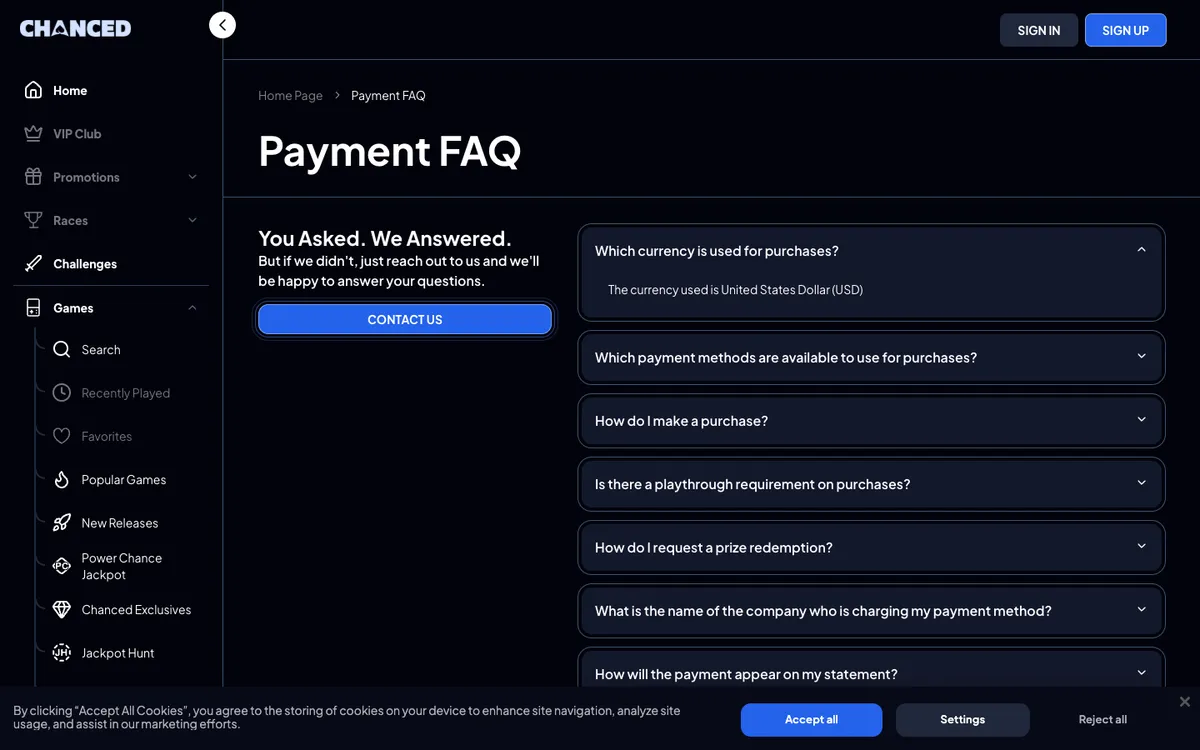 Chanced Casino — Payments, captured from United States