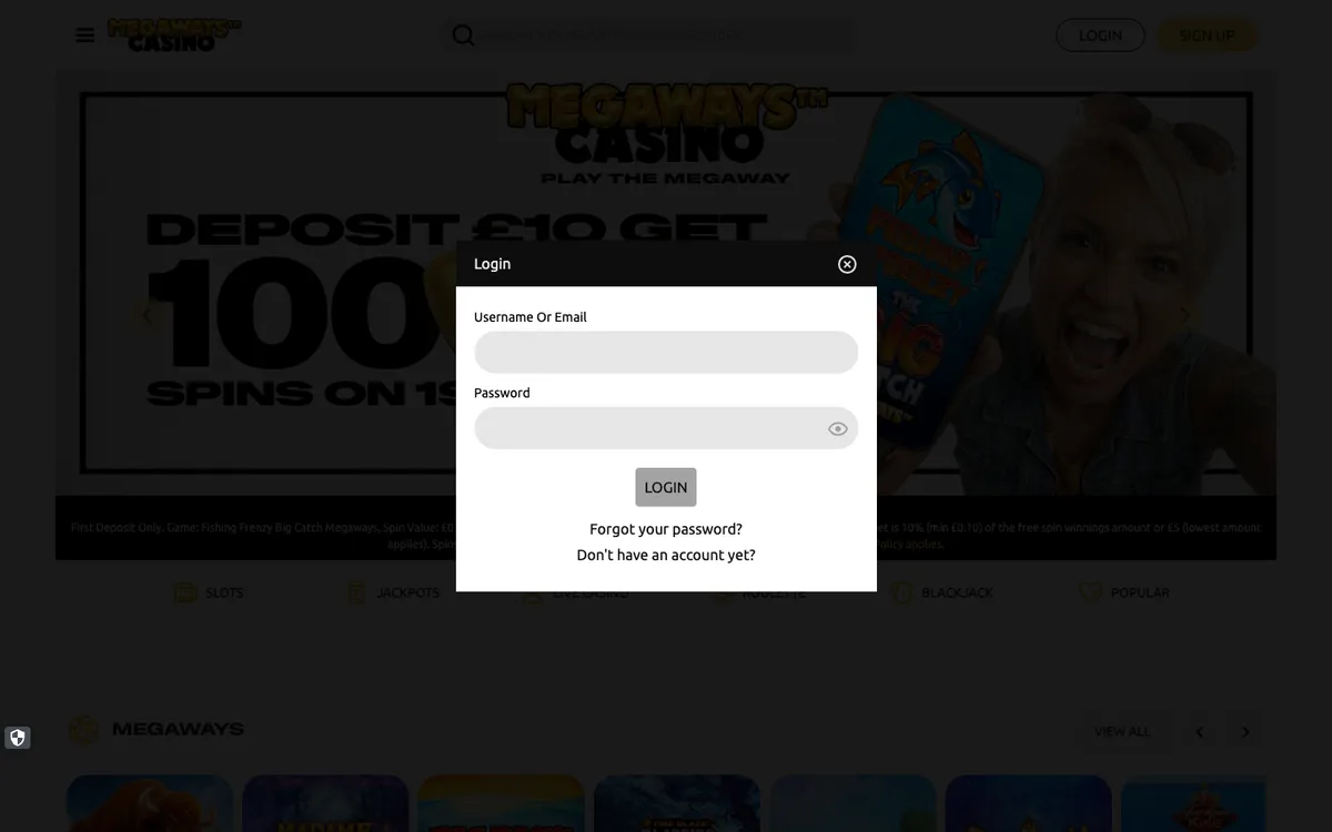 Megaways Casino — «Регистрация», снято из страны Великобритания
