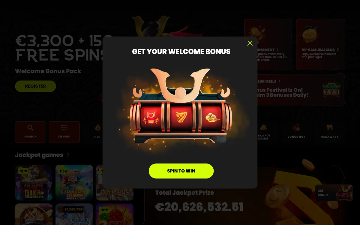 Spin Samurai Casino — Home page, captured from Finland