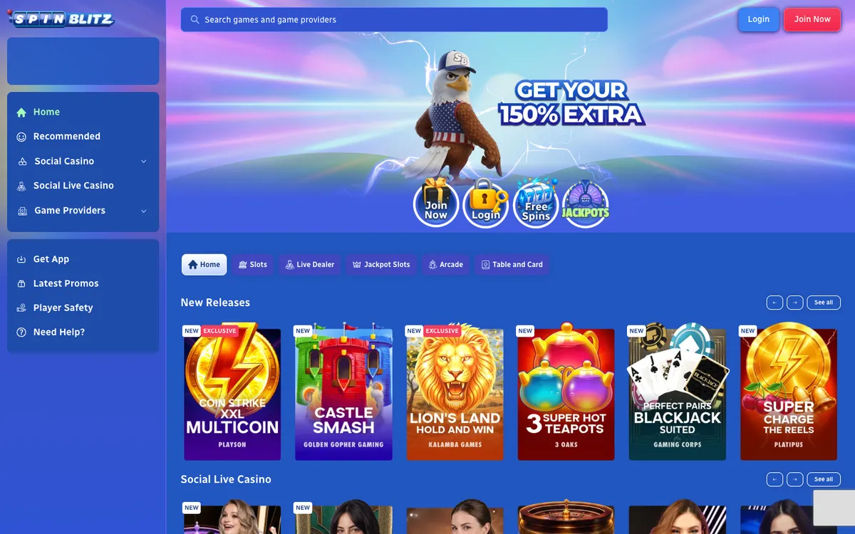 SpinBlitz Casino — Home page, captured from United States