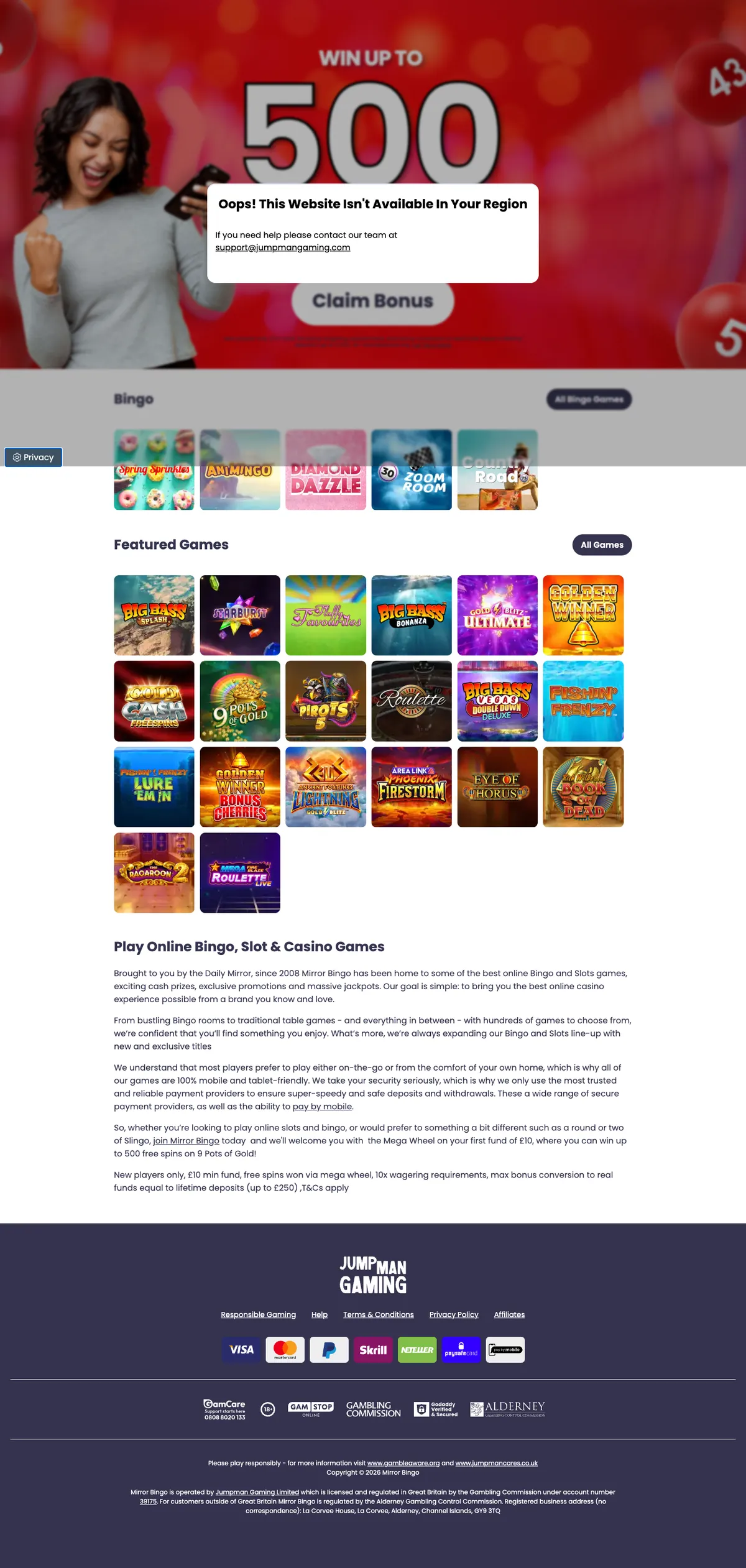 Mirror Bingo Casino — Home page, captured from Austria