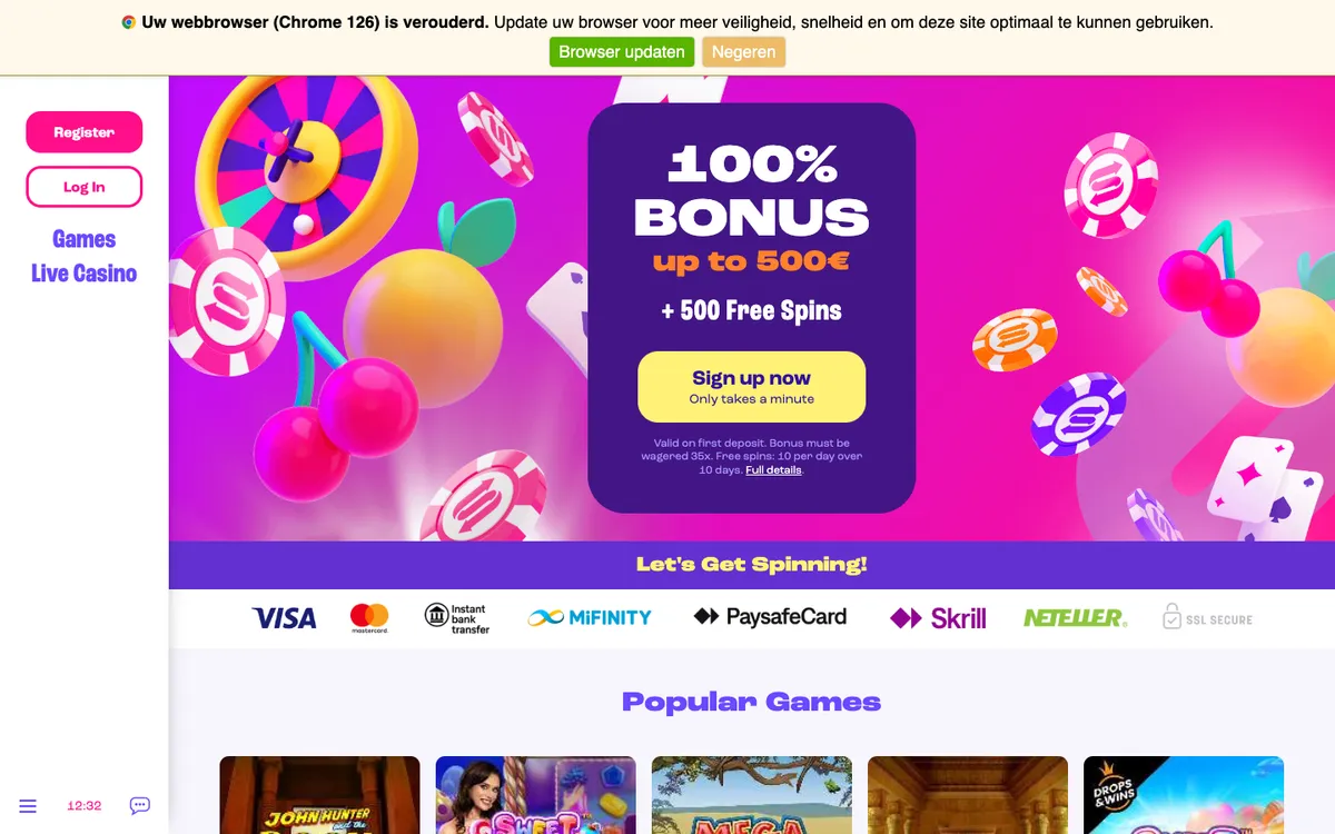 Spinz Casino — Home page, captured from Belgium