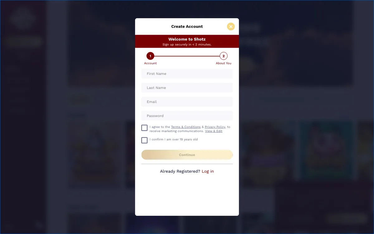 Shotz Casino — Sign-up, captured from Canada