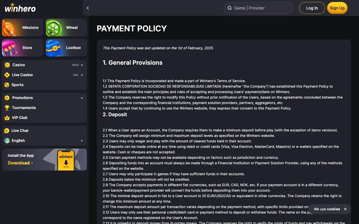 Winhero Casino — Payments, captured from Czechia
