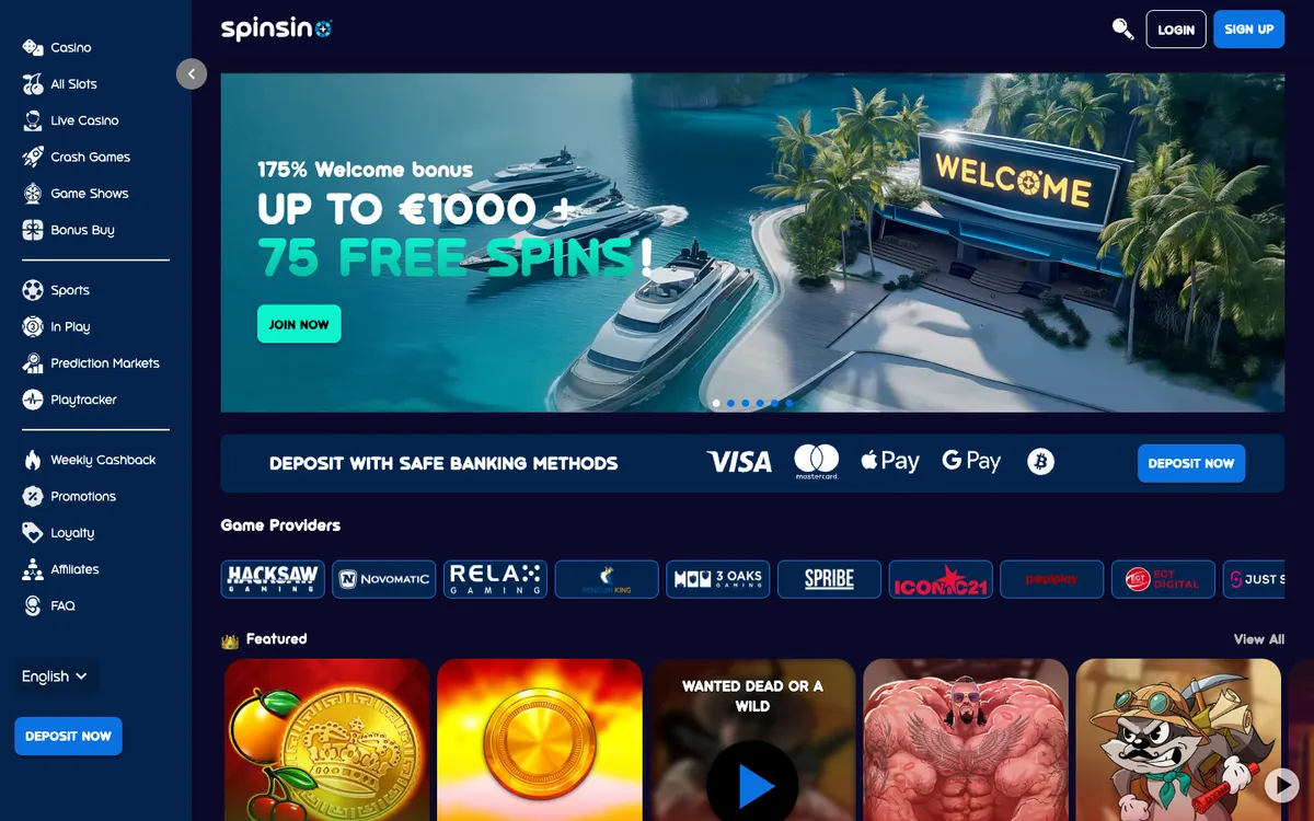 Spinsino Casino — Home page, captured from Belgium