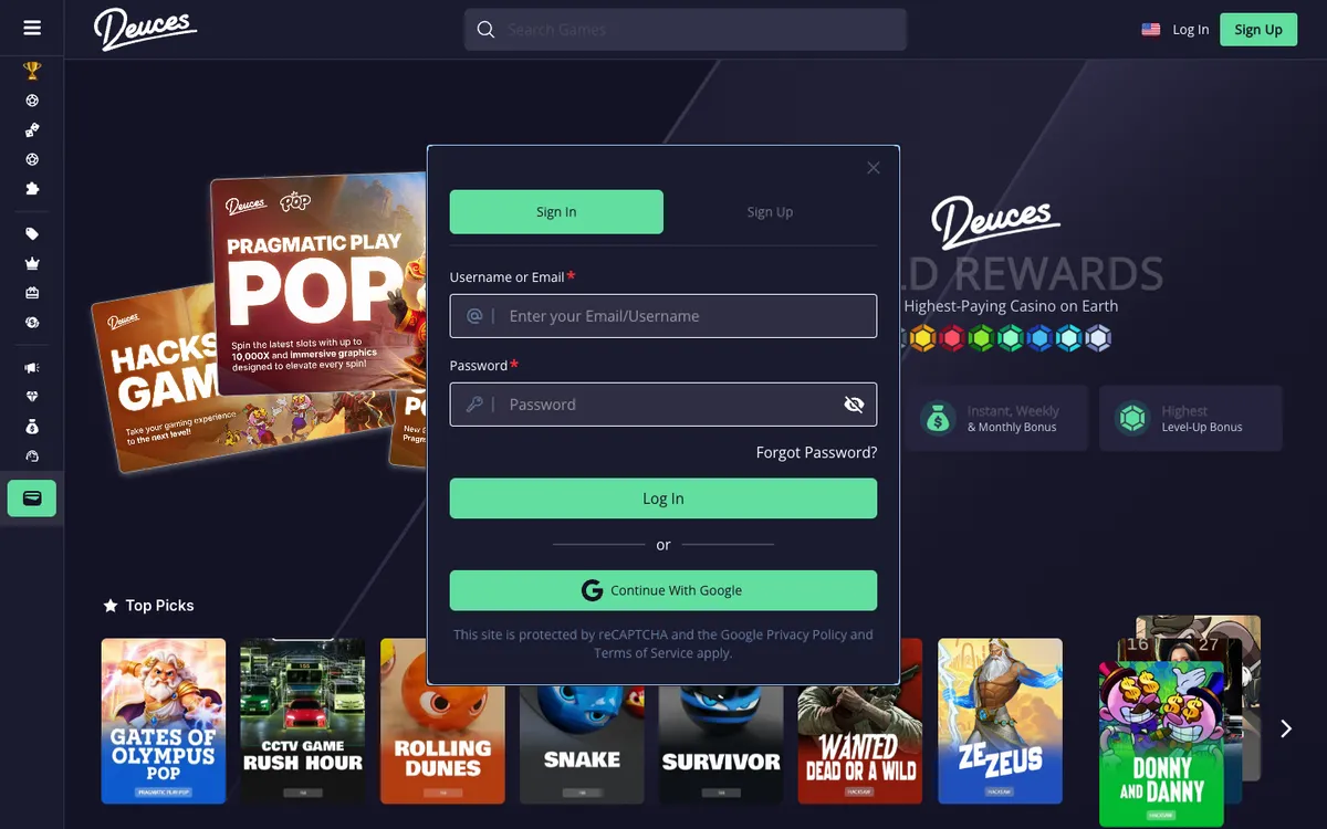 Deuces Casino — Sign-up, captured from Japan