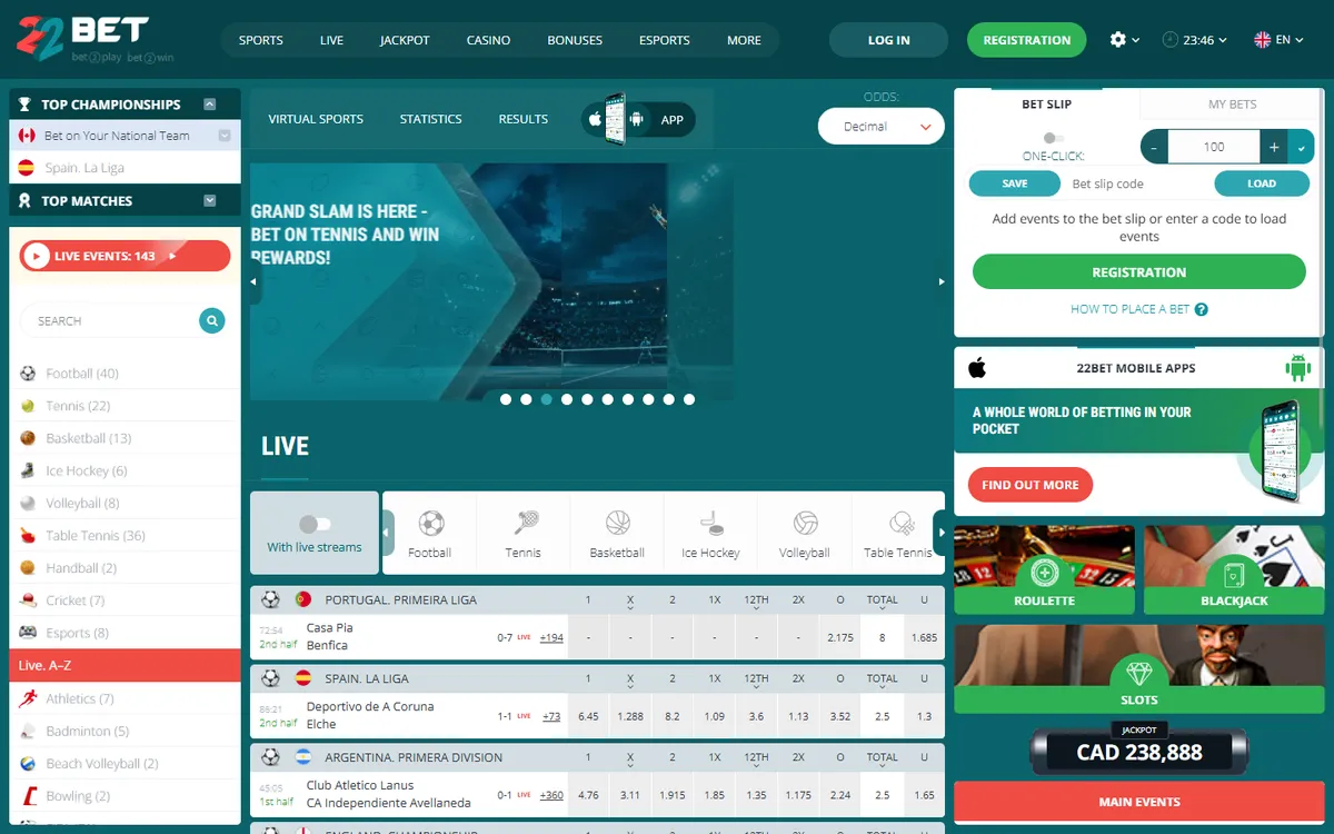 22bet Casino — Home page, captured from Canada