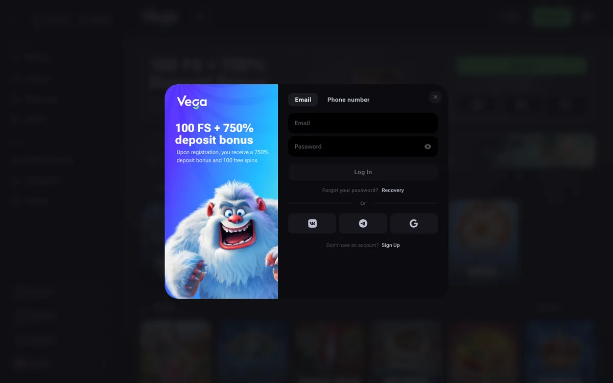 Vega.bet Casino — Sign-up, captured from Belgium