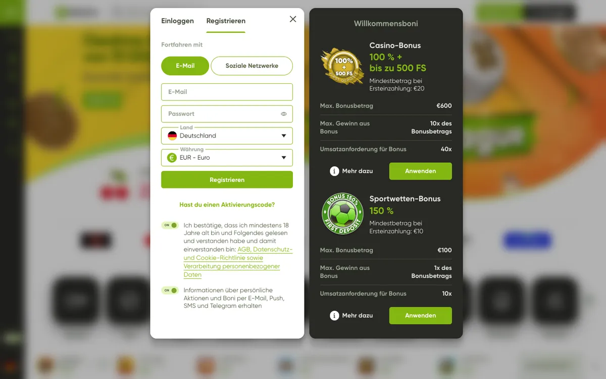Fresh Casino — Home page, captured from Germany