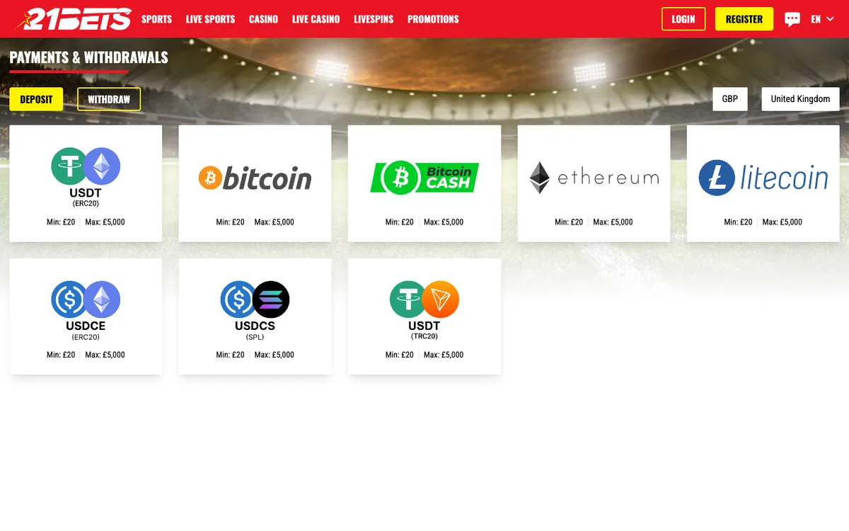 21bets.io Casino — Payments, captured from United Kingdom