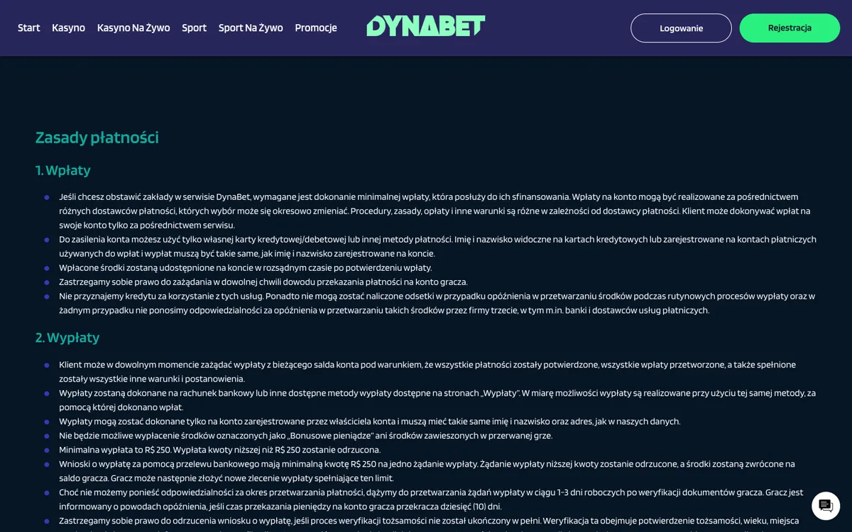 Dynabet Casino — Payments, captured from Poland