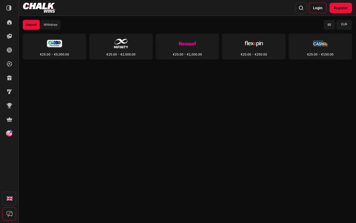 ChalkWins Casino — Payments, captured from Belgium