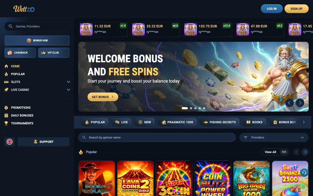 Wettzo Casino — Home page, captured from Switzerland