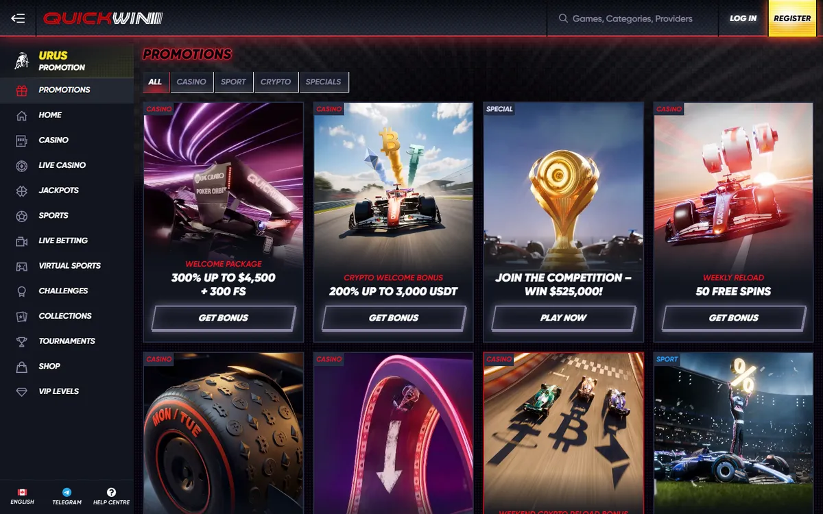 QuickWin Casino — «Акции», снято из страны Канада