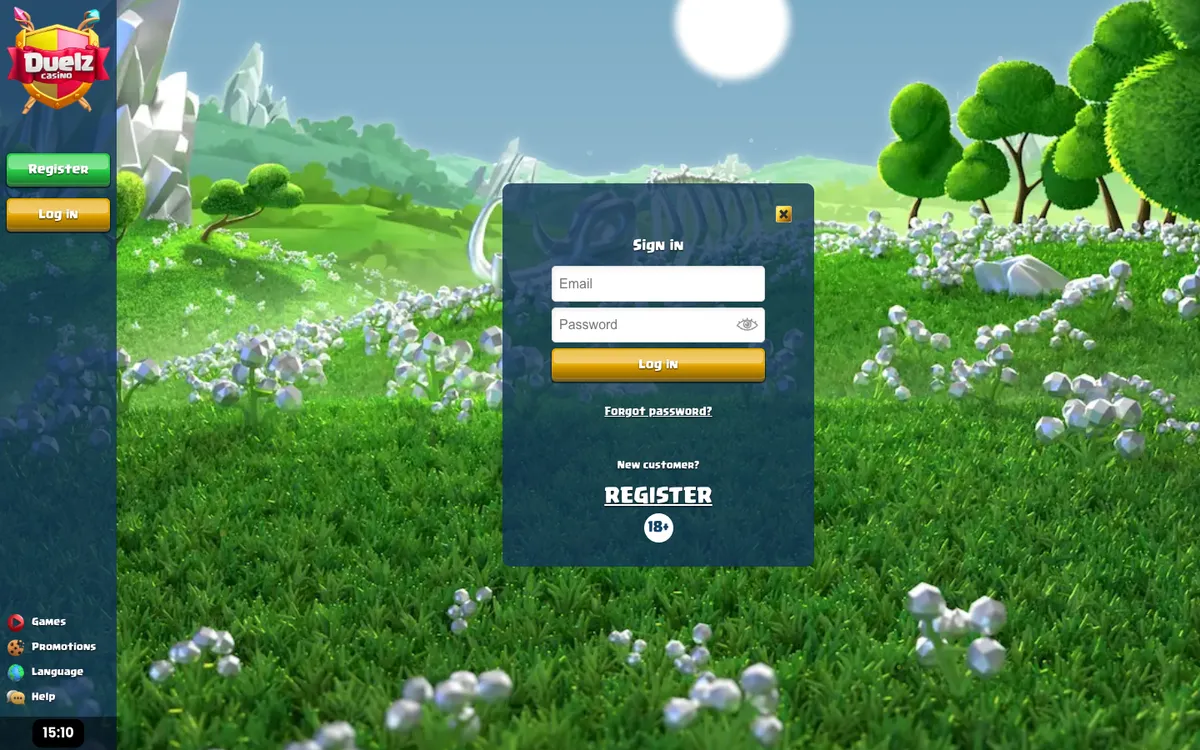 Duelz Casino — «Регистрация», снято из страны Великобритания
