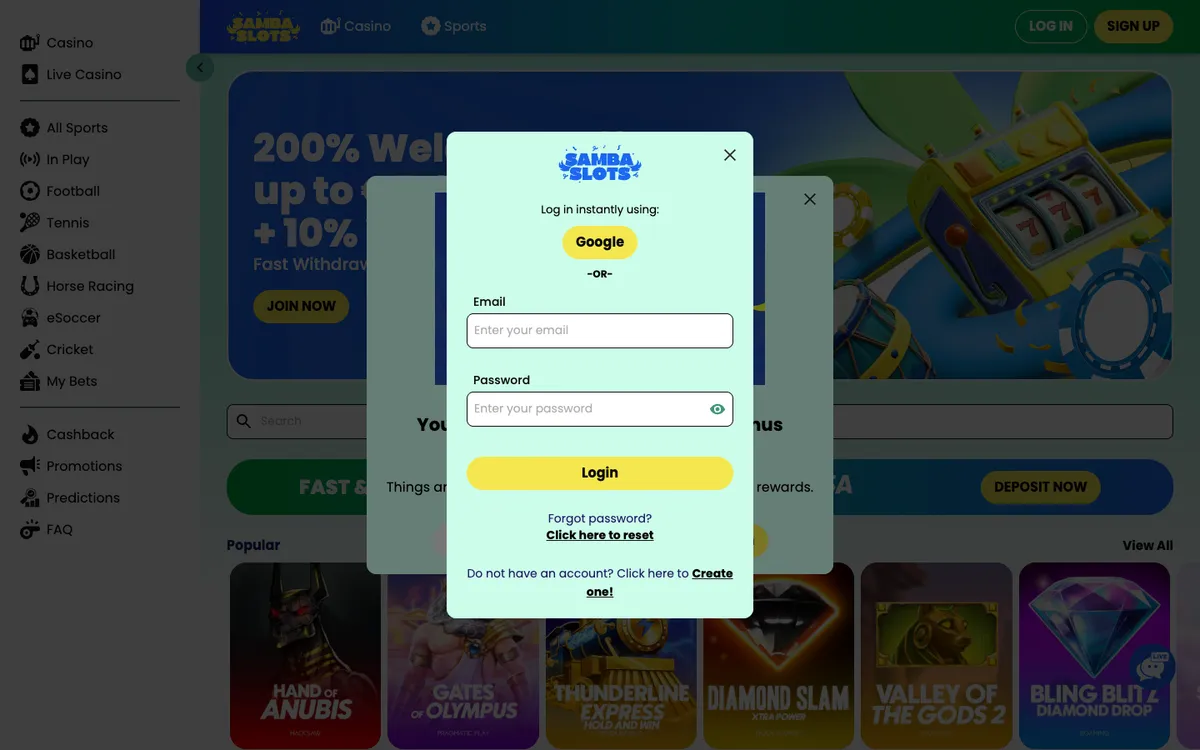 Samba Slots Casino — Sign-up, captured from Germany