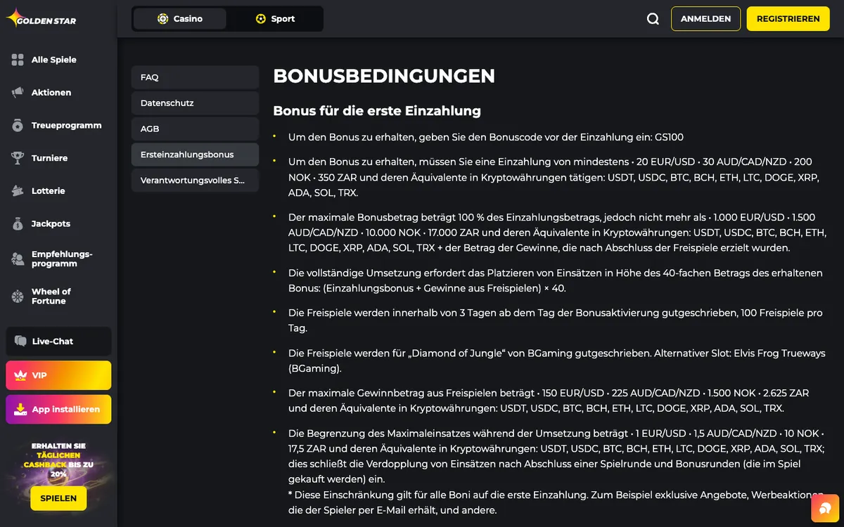 Golden Star Casino — Payments, captured from Austria