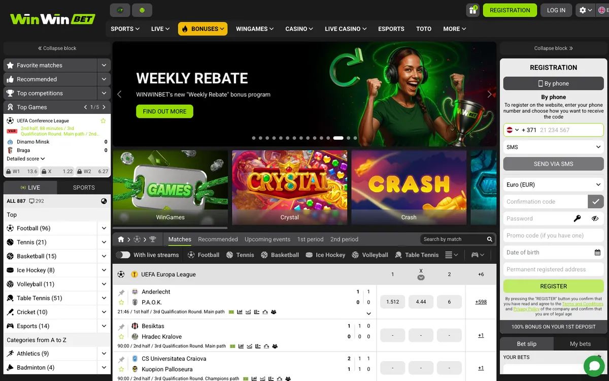 WinWinBet Casino — Home page, captured from Latvia