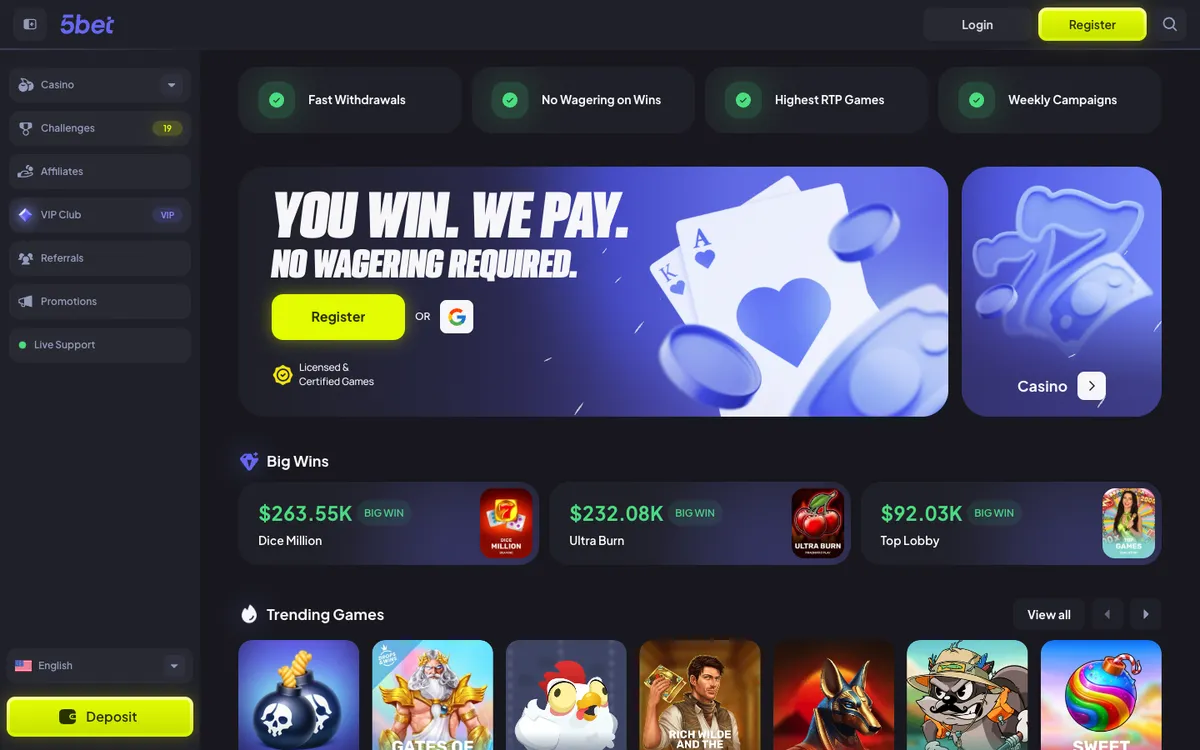 5bet Casino — Home page, captured from Canada